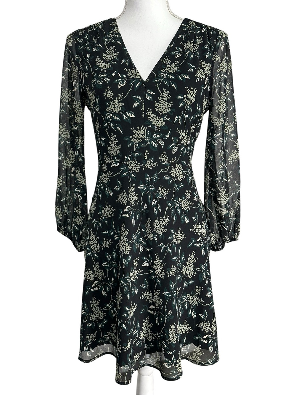 MADEWELL / Black Sheer Dress Green & Cream Floral / Size 0 / Fairy Cottagecore